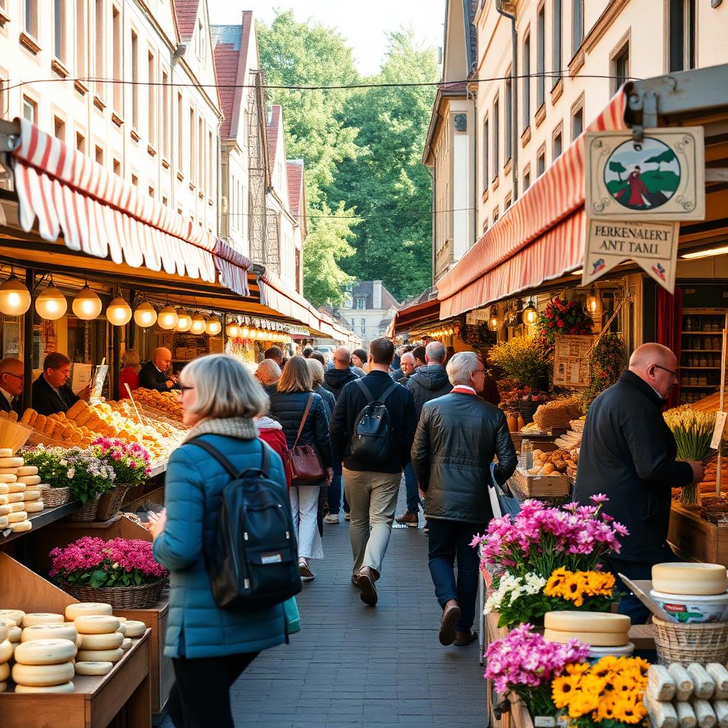 Bustling German Wochenmarkt with food stalls